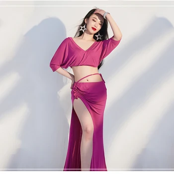 Aldult Idamaade Tava Kanda Komplekt solid color Tulemuslikkuse Tantsu Naiste Bellydance kõhutants Kostüüm Uus Top Split Pikk Seelik