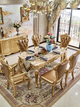 Euroopa marmor täispuidust söögilaud kuld nikerdatud söögilaua tool koostisega kandiline söögilaud 4-6 inimest